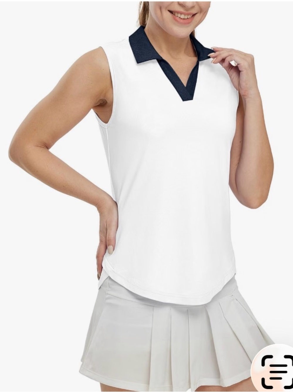 Women's White Sleeveless Polo Tank with Navy Trim